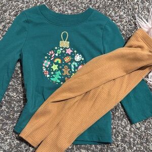 Teal Holiday Ornament Top with Tan Leggings